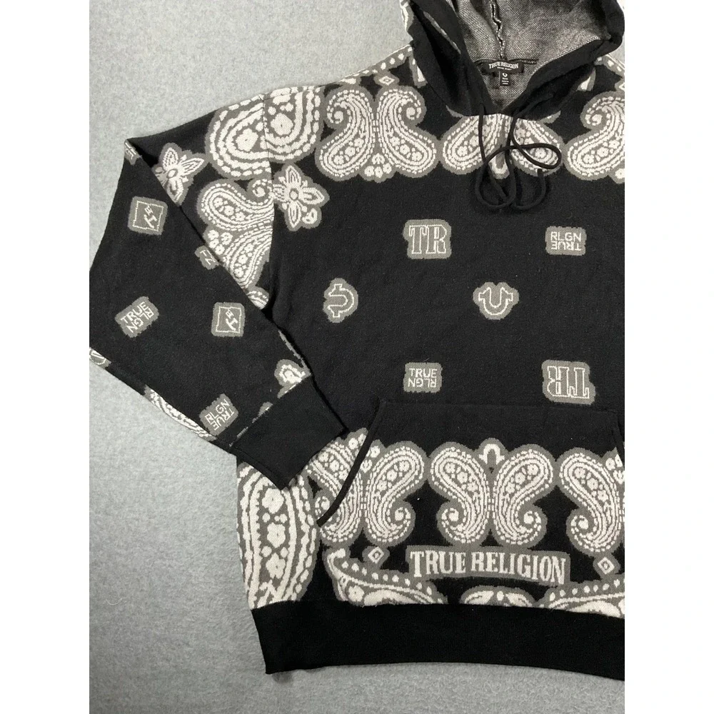 True Religion Mens Knitted Bandana Hoodie Black White Paisley Logo Sweater M 938